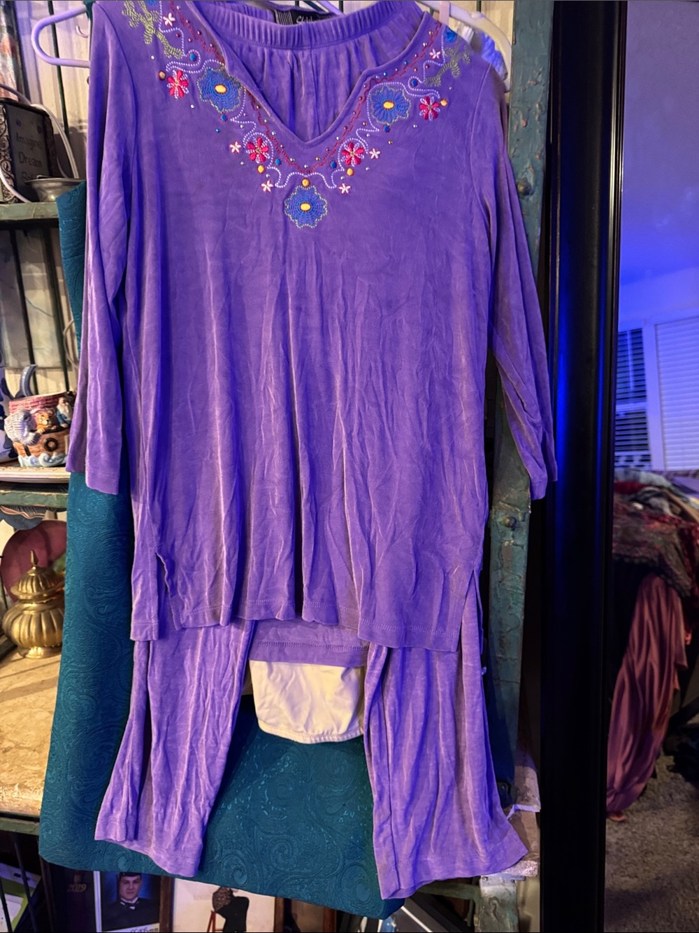 Slinky Brand Purple Embroidered V-Neck Tunic with Floral Accents